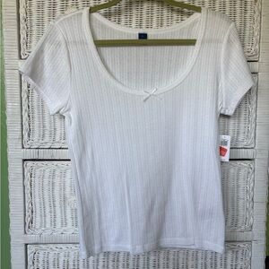 Old Navy White Ribbed Scoop Neck Short Sleeve Tee with Front Bow